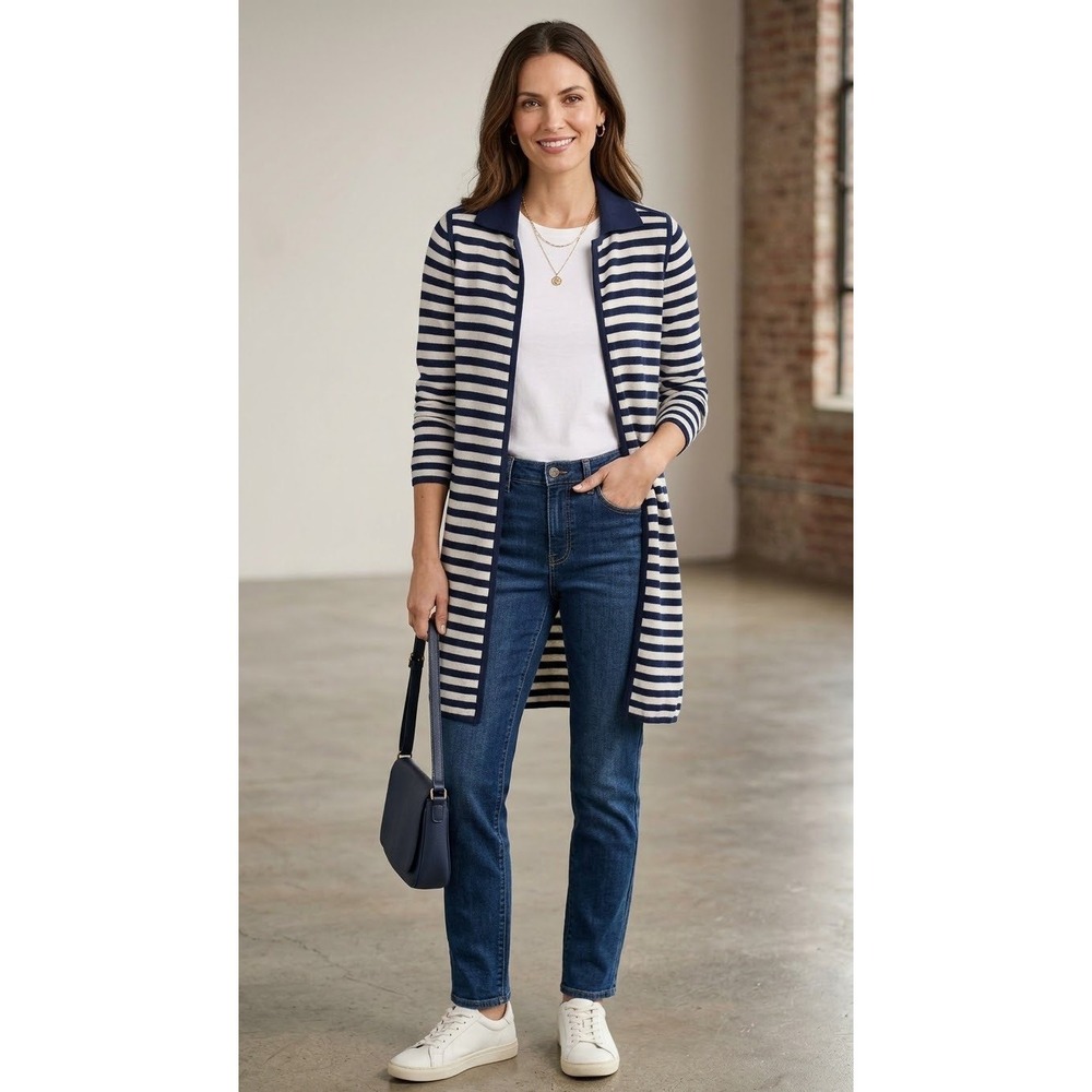 Chico's Reversible Striped Longline Cardigan Navy Blue White Size 0 XS S
